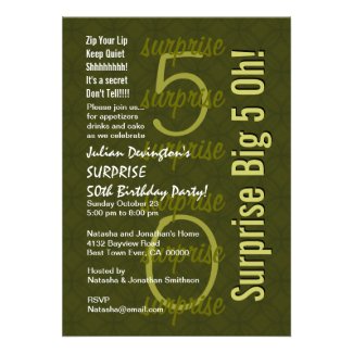 SURPRISE 50th Birthday Hues of Green F214 Personalized Invitations