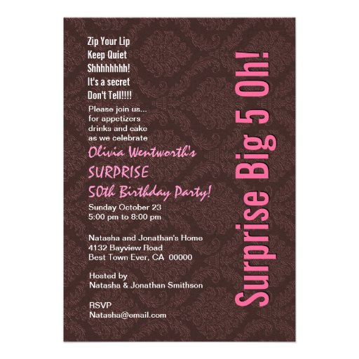 SURPRISE 50th Birthday Modern Chocolate and Pink Invitations