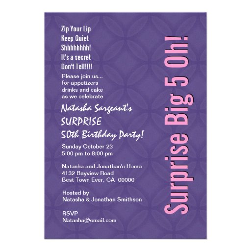 SURPRISE 50th Birthday Modern Purple Pink G351 Personalized Announcements