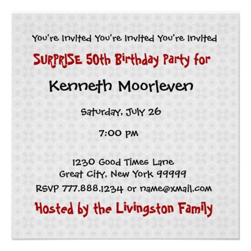 SURPRISE 50th Birthday Party Black White W1436 Custom Invitations