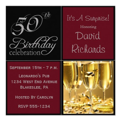 Surprise 50th Birthday Party Burgandy & Silver Custom Invites
