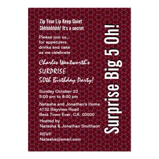 SURPRISE 50th Birthday Party Burgundy Stars Personalized Announcements