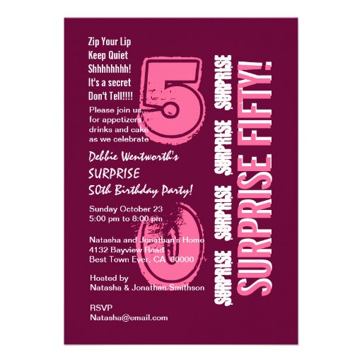SURPRISE 50th Modern Birthday Pink Burgundy Wine Personalized Invite (front side)