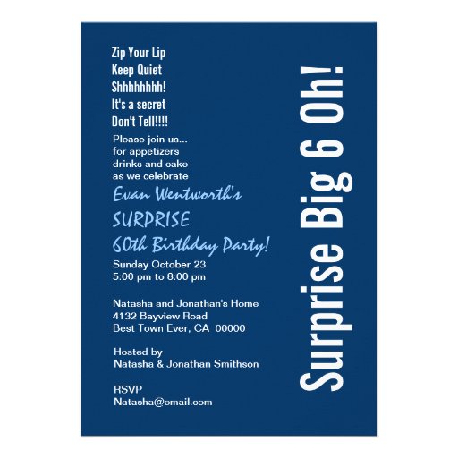 SURPRISE 60th Birthday Party Modern Blue and White Personalized Invites