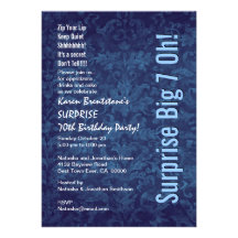 SURPRISE 70th Birthday Blue Damask White W1467 Announcement