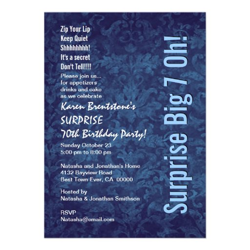SURPRISE 70th Birthday Blue Damask White W1467 Announcement
