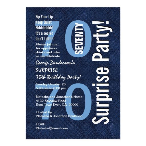 SURPRISE 70th Birthday Modern Royal Blue R604 Custom Invites (front side)