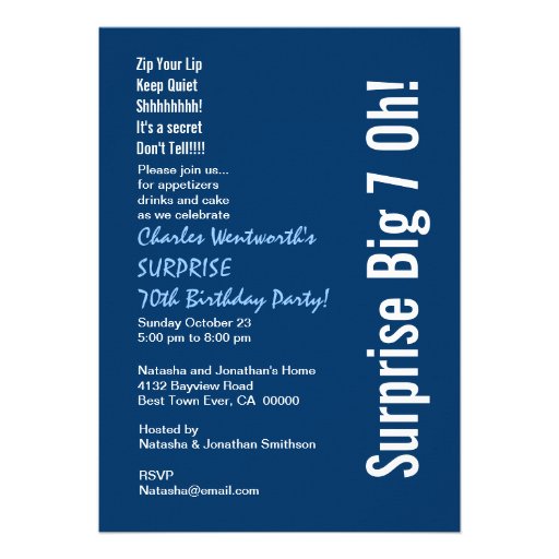 SURPRISE 70th Birthday Party Modern Blue and White Personalized Announcement (front side)