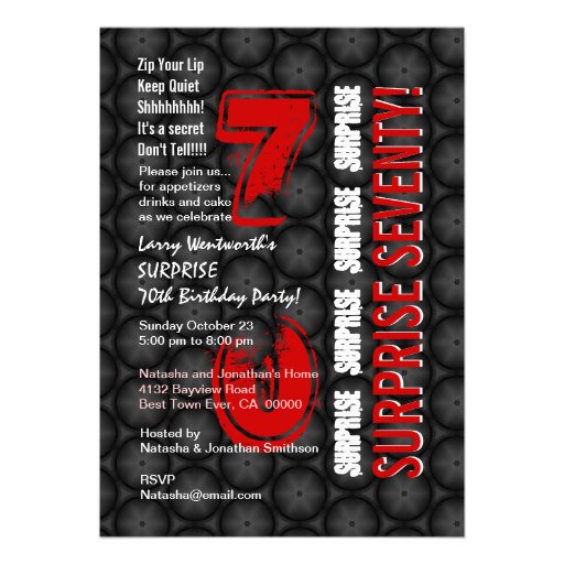 SURPRISE 70th Modern Birthday Red Black Circles Announcements