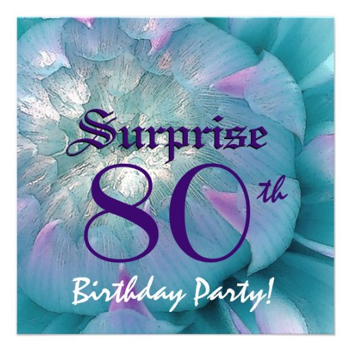 SURPRISE 80th Birthday Blue and Purple Dahlia W078 Announcements (front side)