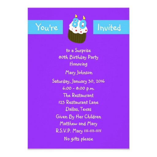 Surprise 80th Birthday Party Invitation -- Cupcake