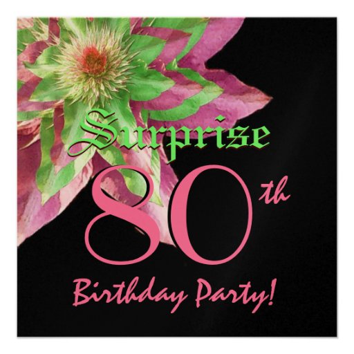 SURPRISE 80th Birthday Pink Green Flower W1445 Custom Invite (front side)