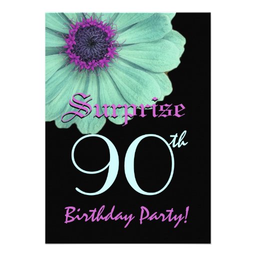 SURPRISE 90th Birthday Template Green Purple Daisy Personalized Invite (front side)