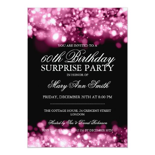 Surprise Birthday Party Pink Sparkling Lights Personalized Announcement (front side)