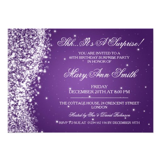 Surprise Birthday Party Sparkling Wave Purple Personalized Announcements
