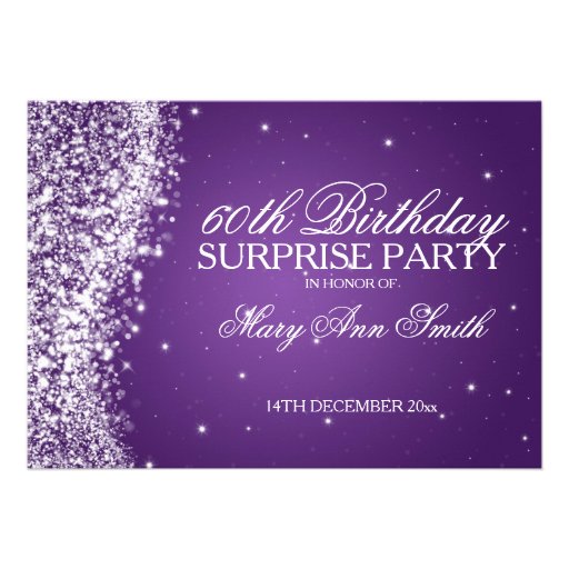 Surprise Birthday Party Sparkling Wave Purple Personalized Announcements (front side)