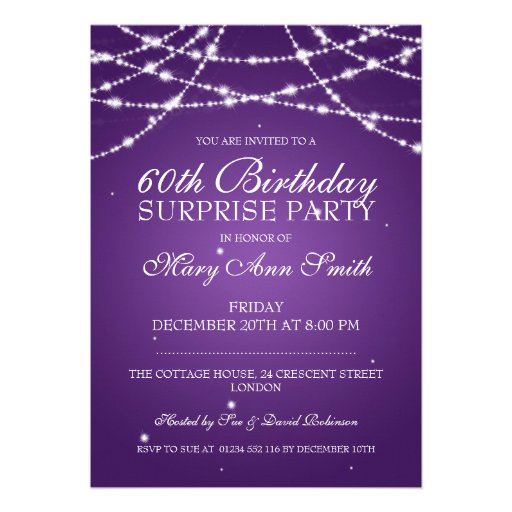 Surprise Birthday Party String of Stars Purple Custom Announcements (front side)