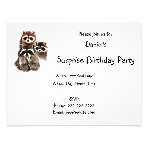 Surprise Fun  Raccoons Animal Birthday Invite