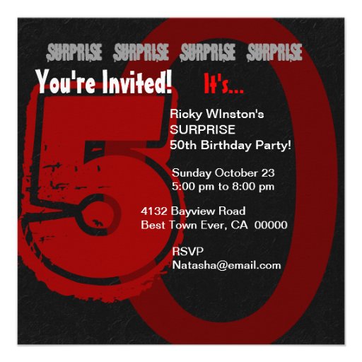SURPRISE Grunge 50th Birthday Red and Black W202 Custom Invitation