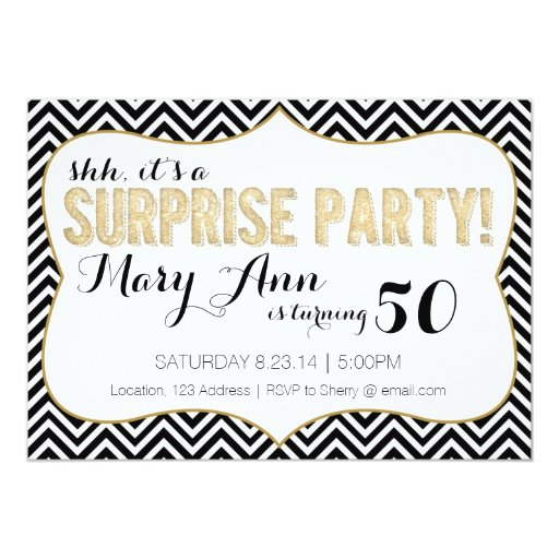 Surprise Party Black and Gold Chevron Custom Invitation (front side)