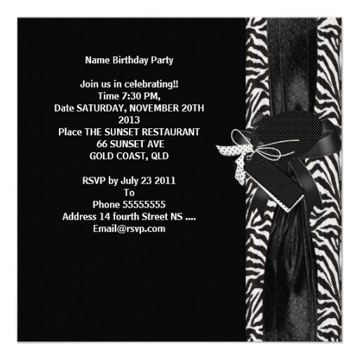 Surprise Party Zebra Black White Bow Invites