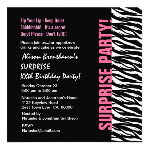 SURPRISE Year Birthday Pink and Black Zebra V054 Custom Invite