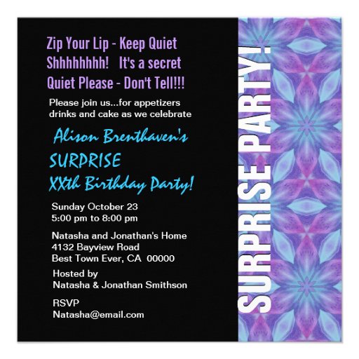 SURPRISE Year Birthday Purple and Blue Floral V055 Personalized Invitations
