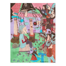 surrealistic drawing by faustine , postcard