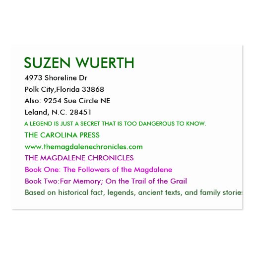 SUZEN WUERTH, 4973 Shoreline Dr, Polk City,Flor... Business Card (front side)
