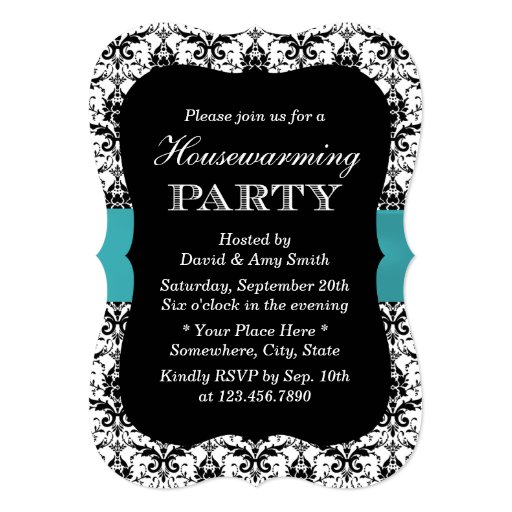 Simple Damask & Teal Ribbon Housewarming Party 5x7 Paper Invitation Card