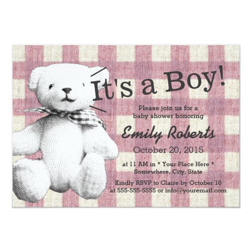 Red Plaid Teddy Bear Baby Shower 5x7 Paper Invitation Card