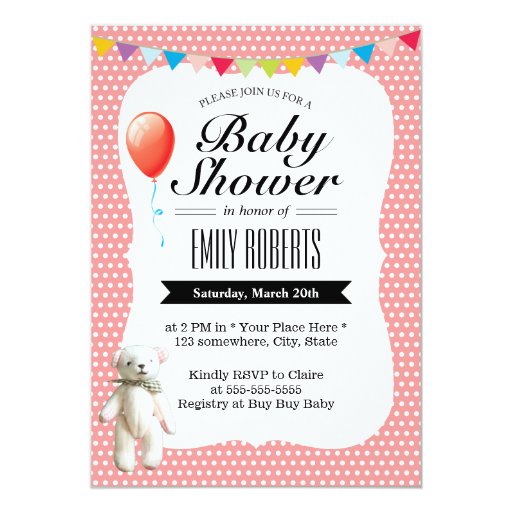 Cute Teddy Bear Polka Dots Baby Shower Invitations 5" X 7" Invitation Card