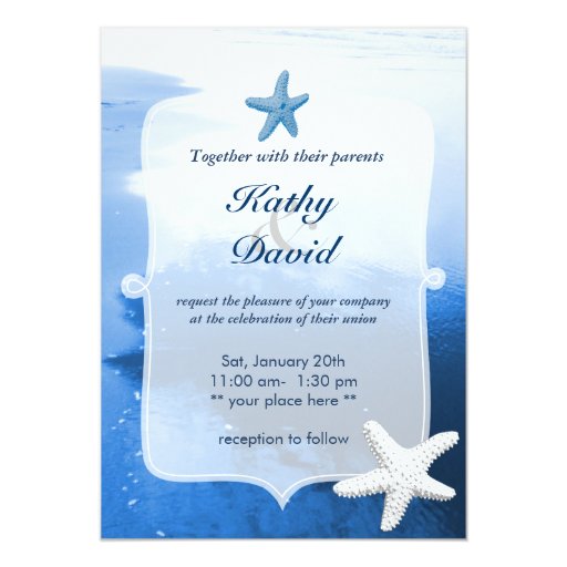 Classy Blue Beach & Starfish Wedding Invitation 5" X 7" Invitation Card