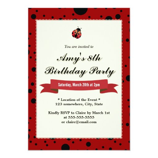 Classy Ladybug Black & Red Birthday Invitations 5" X 7" Invitation Card