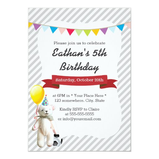 Classy Gray Stripes Soccer Bear Boy Birthday Party 5x7 Paper Invitation Card