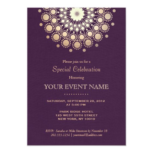 Elegant Gold Circle Motif Purple Linen Look Formal 5x7 Paper Invitation Card