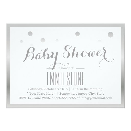 Chic Silver Border Confetti Dots Baby Shower 5x7 Paper Invitation Card