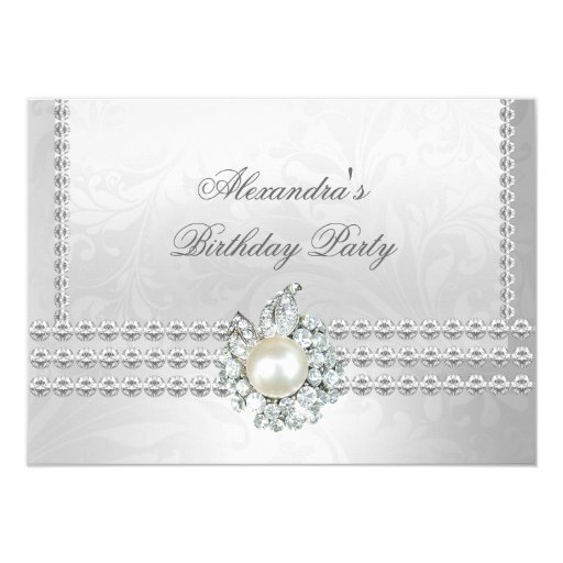 Elegant Birthday Party Silver White Diamond Pearl 4.5x6.25 Paper Invitation Card