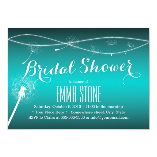 Stylish Teal Green Dandelion Blowing Bridal Shower 5x7 Paper Invitation Card