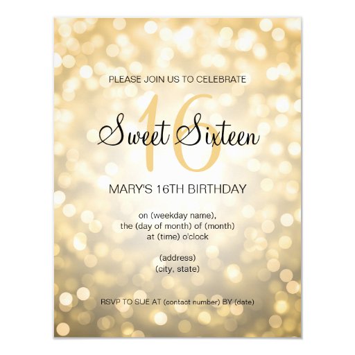 Elegant Sweet 16 Birthday Gold Glitter Lights 4.25x5.5 Paper Invitation Card