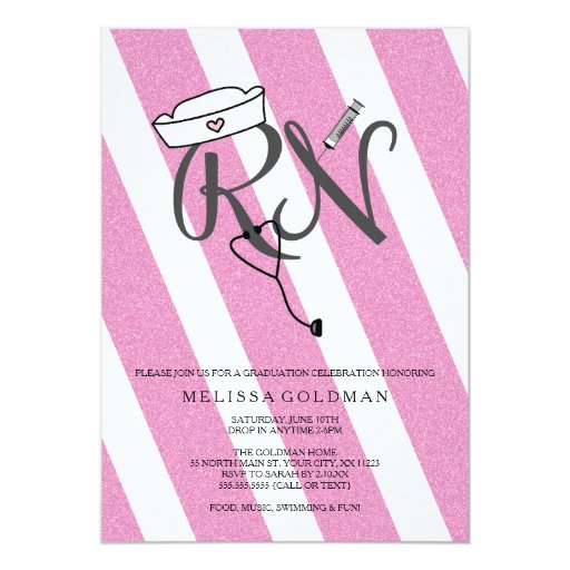FUN MODERN RN graduation invites hot pink glitter 5" X 7" Invitation Card