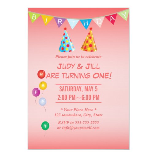Coral Pink Twin Girls Birthday Party Invitations 5" X 7" Invitation Card