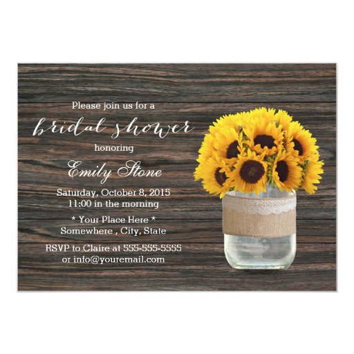 Elegant Sunflowers Mason Jar Wood Bridal Shower 5x7 Paper Invitation Card