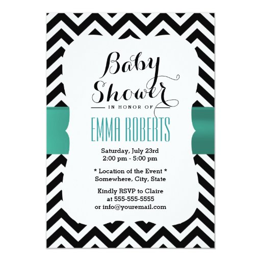 Classy Chevron Stripes Teal Ribbon Baby Shower 5x7 Paper Invitation Card