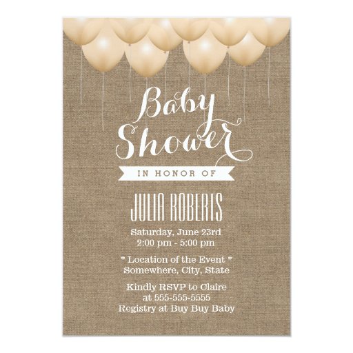 Rustic Burlap & Neutral Balloons Baby Shower 5x7 Paper Invitation Card
