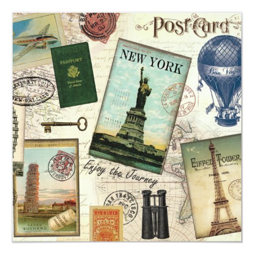 modern vintage travel collage 5.25x5.25 square paper invitation card