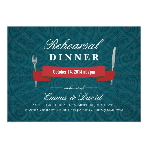 Teal Damask Wedding Rehearsal Dinner Invitations 5" X 7" Invitation Card