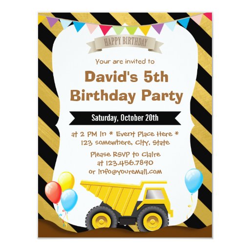 Boys Construction Truck Birthday Party Invitations 4.25" X 5.5" Invitation ...