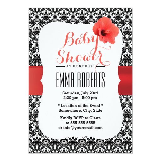 Classy Damask Red Hibiscus Baby Shower Invitations 5" X 7" Invitation Card