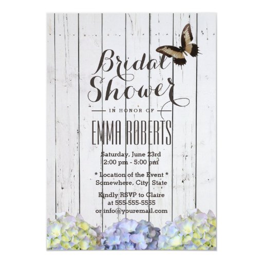 Butterfly & Flowers Wood Stripes Bridal Shower 5x7 Paper Invitation Card